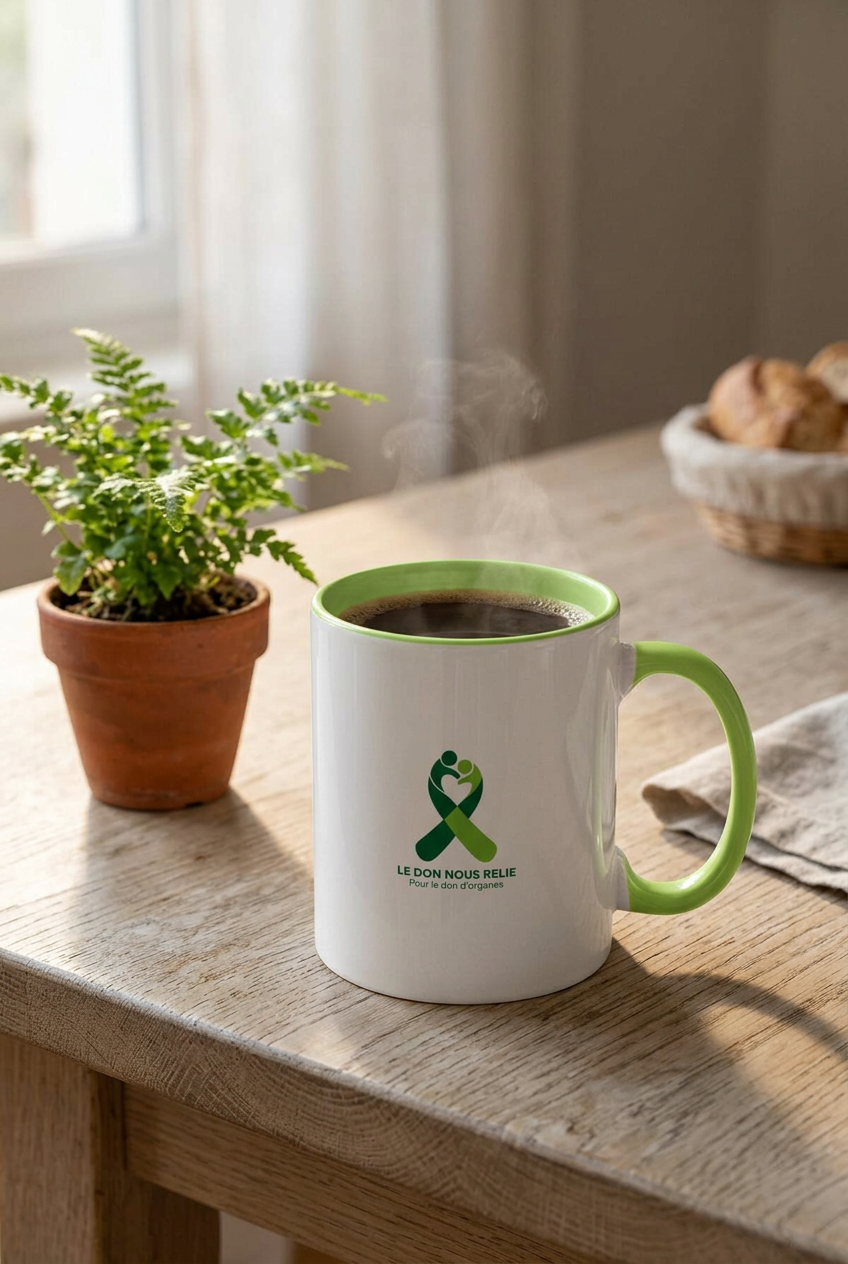 Mug Le don nous relie posé sur une table en bois près d'une plante, design Le don nous relie, ruban vert